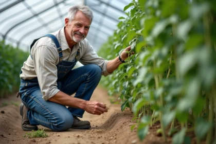 Homme horticulteur en serre avec plants de tomates