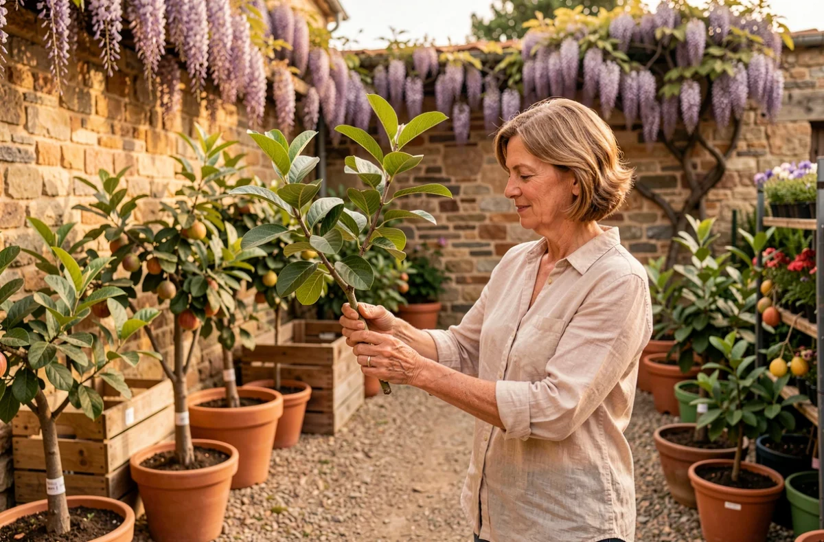 Cour extérieure de la Jardinerie Desmartis à Bergerac avec des arbres fruitiers en pot, un mur en pierre et une cliente choisissant un figuier