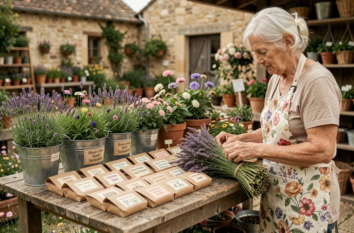 Étal artisanal de la jardinerie Preguimbeau en Dordogne, avec une propriétaire arrangeant des bouquets de lavande parmi des plantes vivaces en pots recyclés