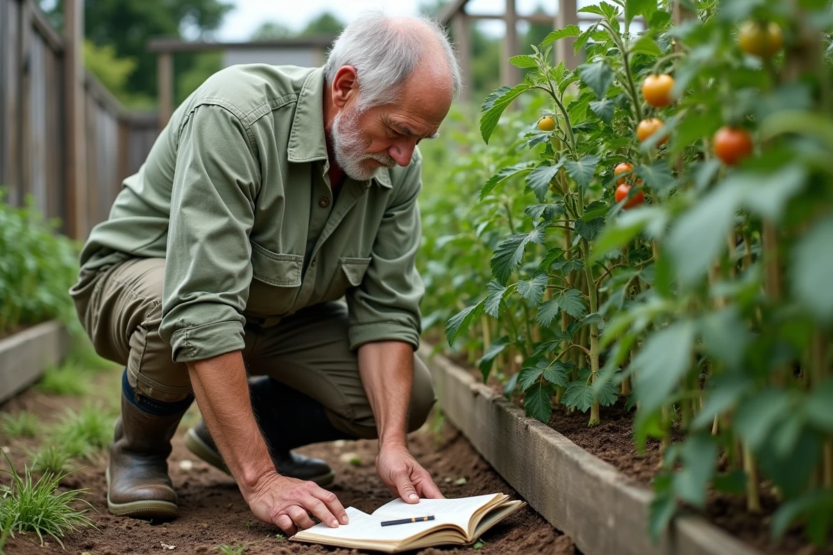 Jardinier inspectant des plants de tomates pour choisir un traitement fongique alternatif à la bouillie bordelaise