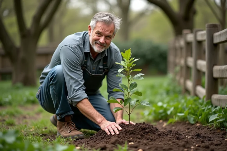 Homme d'âge moyen en jardinage avec un jeune figuier