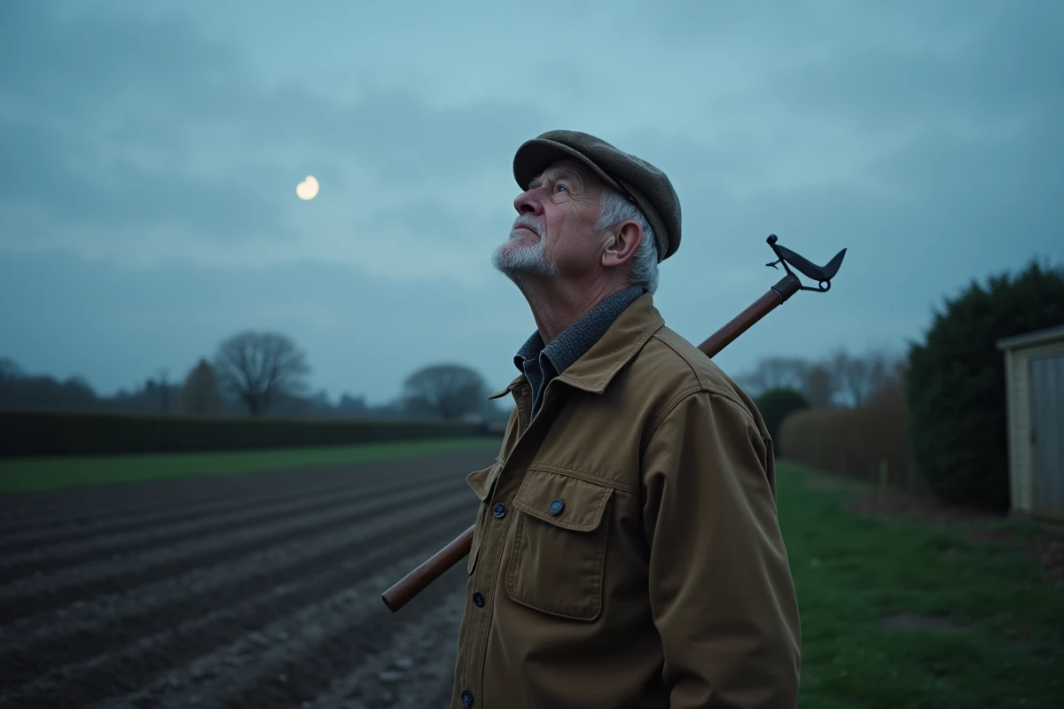 Jardinier âgé observant la lune croissante au crépuscule dans un potager en automne pour planifier les semis de fèves