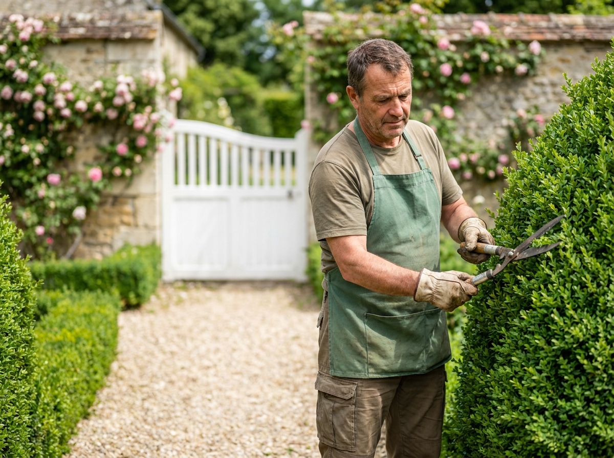 Jardinier professionnel en tablier vert taillant une haie de buis dans un jardin résidentiel soigné