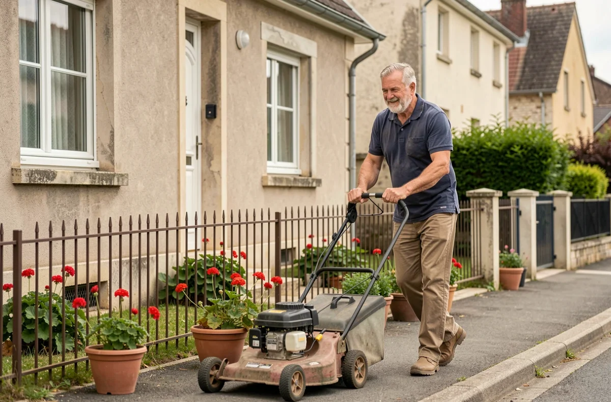 Jardinier de proximité tondant une petite pelouse devant un pavillon de banlieue française avec tondeuse manuelle