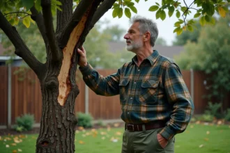 Jardinier examinant les branches cassées d'un Prunus endommagé par une tempête dans un jardin résidentiel