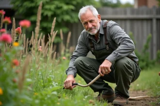Homme d'âge moyen en vêtements durables désherbant dans le jardin