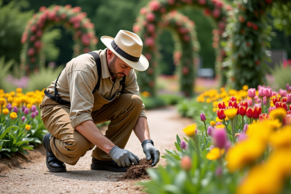 Homme jardinier taillant des fleurs dans le Miracle Garden