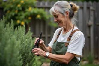 Femme moyenne âge taillant un romarin dans le jardin
