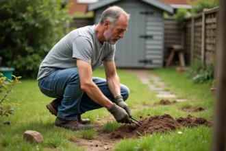Jardinier homme à genoux sur un terrain en mauvais état