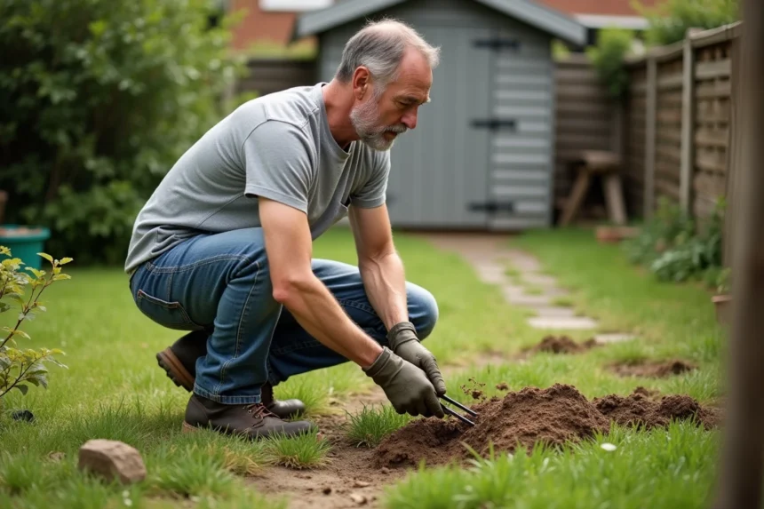 Jardinier homme à genoux sur un terrain en mauvais état