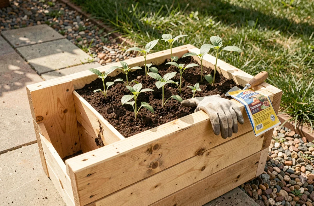 Jardinière en bois DIY terminée avec des semis et des outils de jardinage, résultat d'un projet familial fait maison