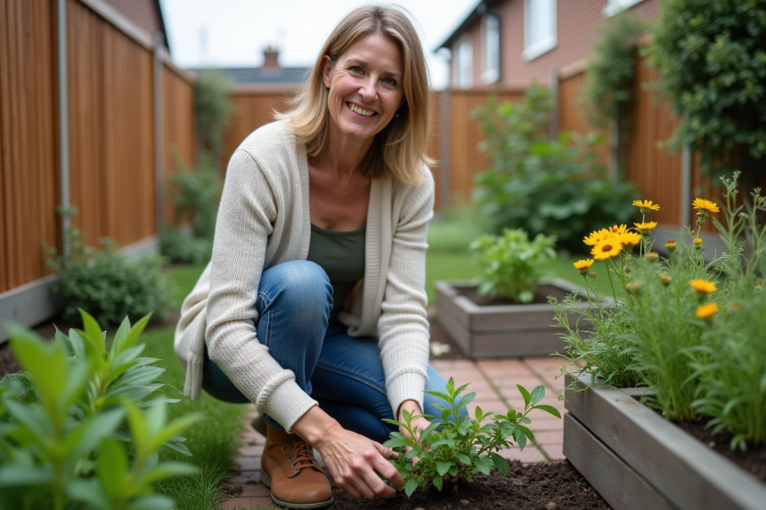 Femme d'âge moyen dans son jardin urbain en train de planter des herbes