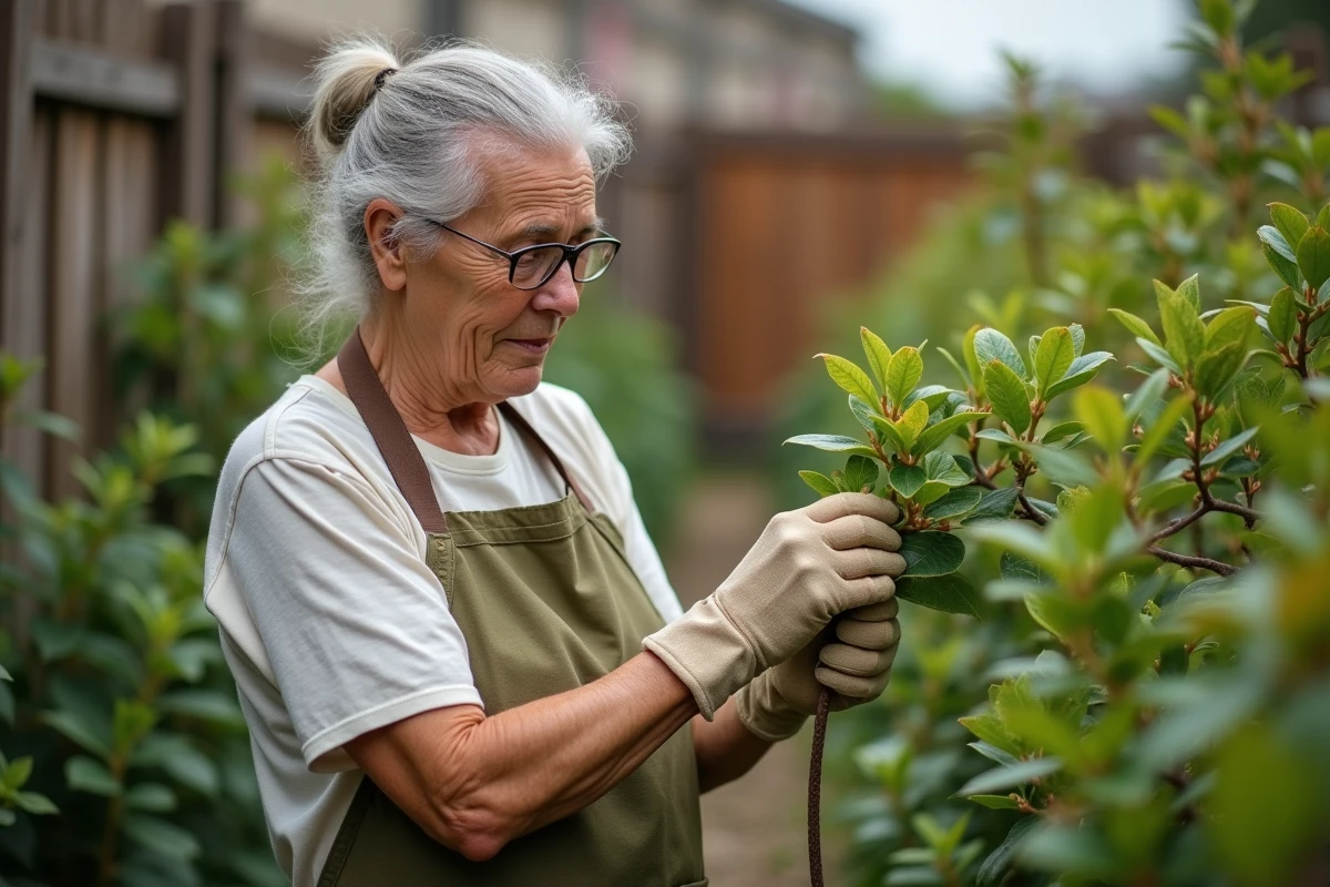 Jardinière inspectant les feuilles enroulées d'un laurier rose infesté de pucerons
