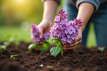 Mains de jardinier plantant des lilas frais dans un sol humide