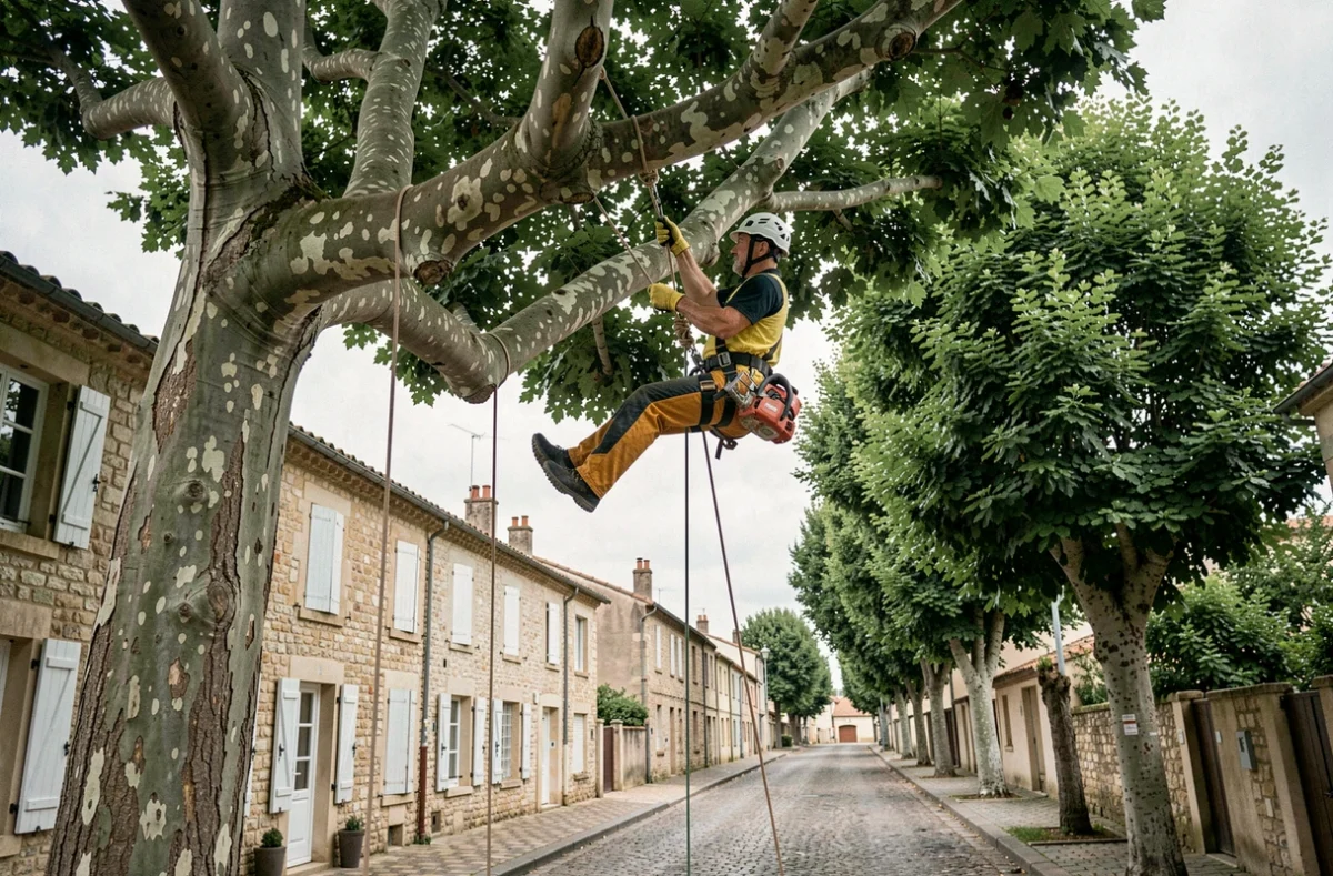 Arboriste grimpeur des Jardins Arborés effectuant un élagage en hauteur dans un platane en milieu urbain provençal