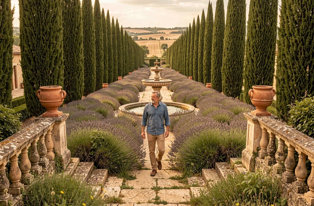 Concepteur des Jardins Châtelain marchant dans un grand jardin de mas provençal avec parterre de lavande et allée de cyprès