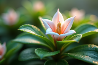 Gros plan d'une plante de jade en floraison avec feuilles brillantes et fleurs blanches roses