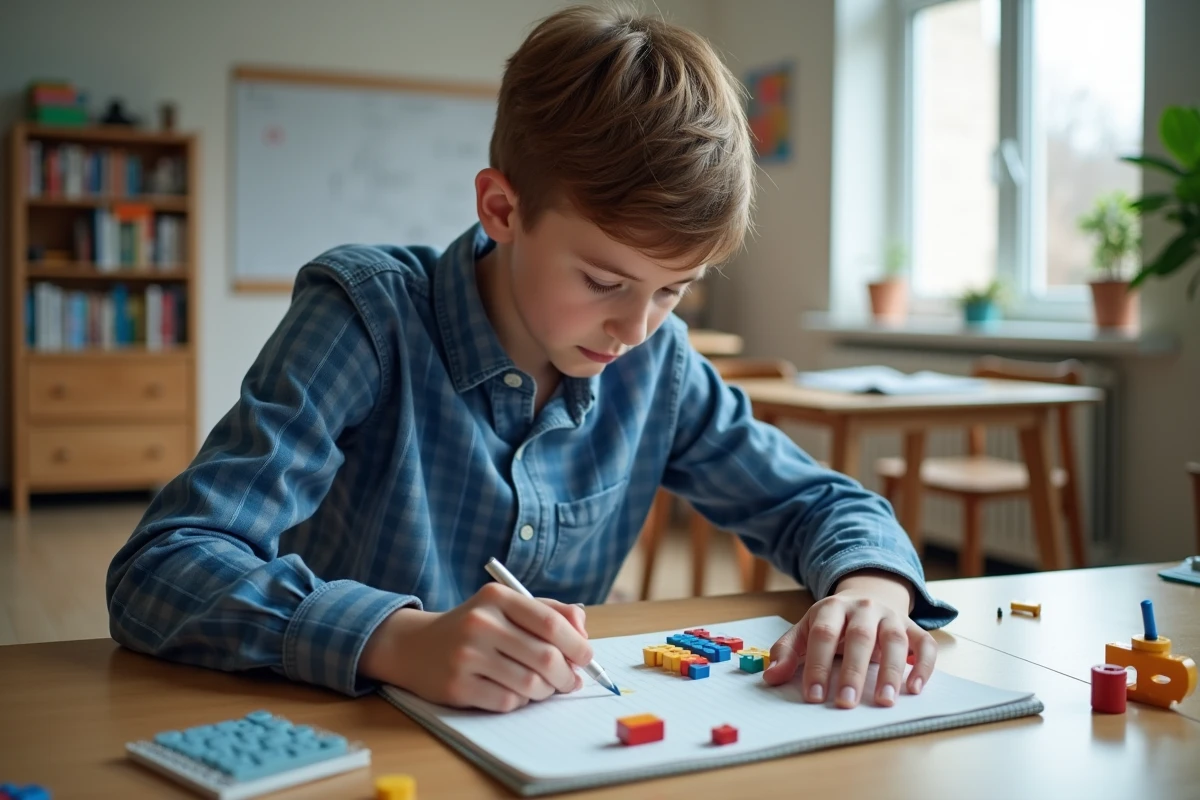Adolescent construisant un modèle d hectare avec des blocs colorés