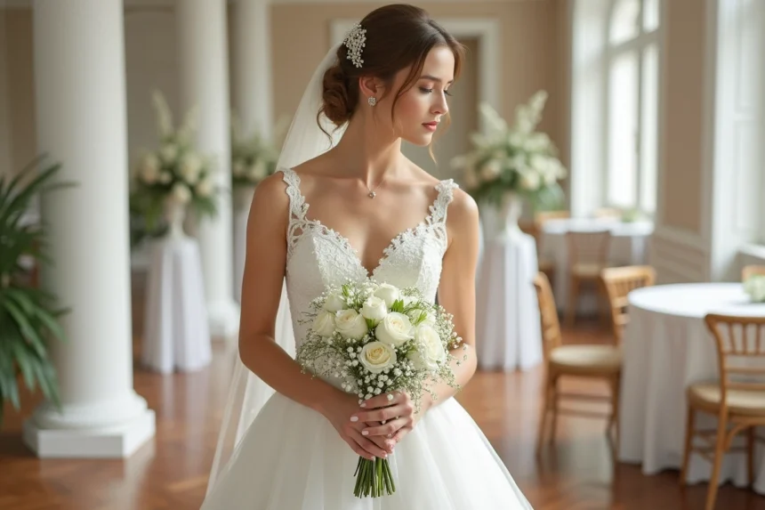 Jeune mariée en robe blanche avec bouquet de fleurs