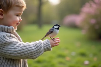 Jeune enfant avec oiseau sur doigt dans un jardin printanier