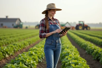 Jeune femme agricultrice tenant une tablette dans un champ vert