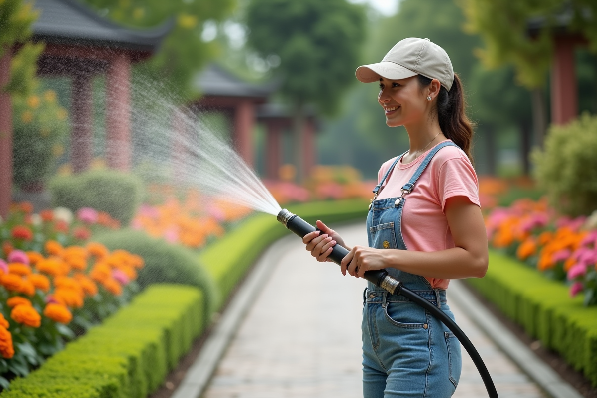 Jeune femme arrosant une allée florale dans le Miracle Garden