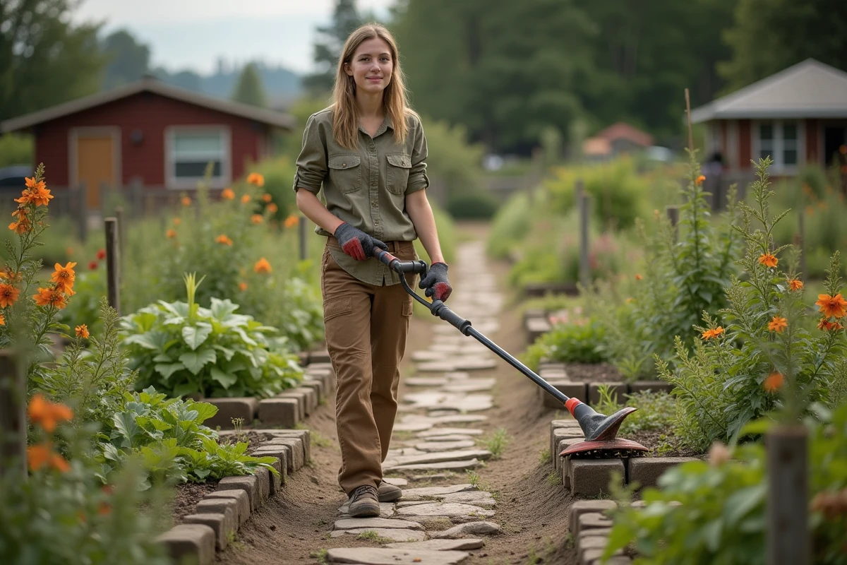 Jeune femme utilisant un coupe-herbe dans un jardin communautaire