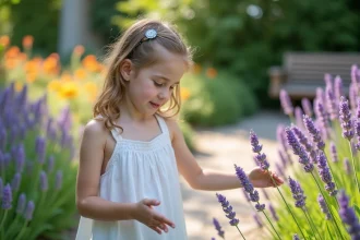 Jeune fille touchant la lavande dans un jardin sensoriel