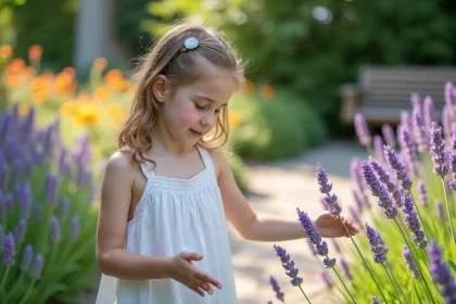 Jeune fille touchant la lavande dans un jardin sensoriel