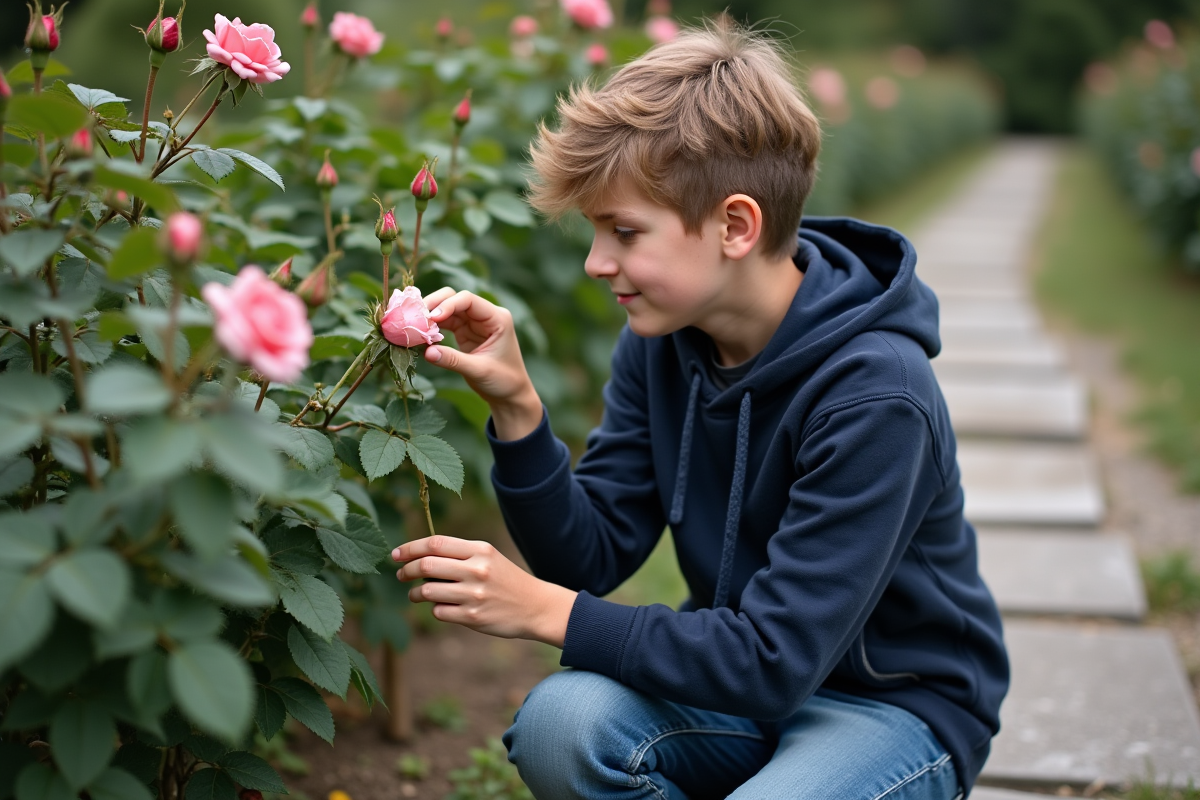 Jeune garçon observant une pousse de rosier dans un parc