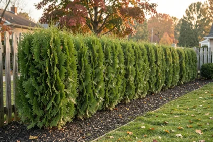 Jeune haie de thuyas fraîchement plantée un matin d'automne
