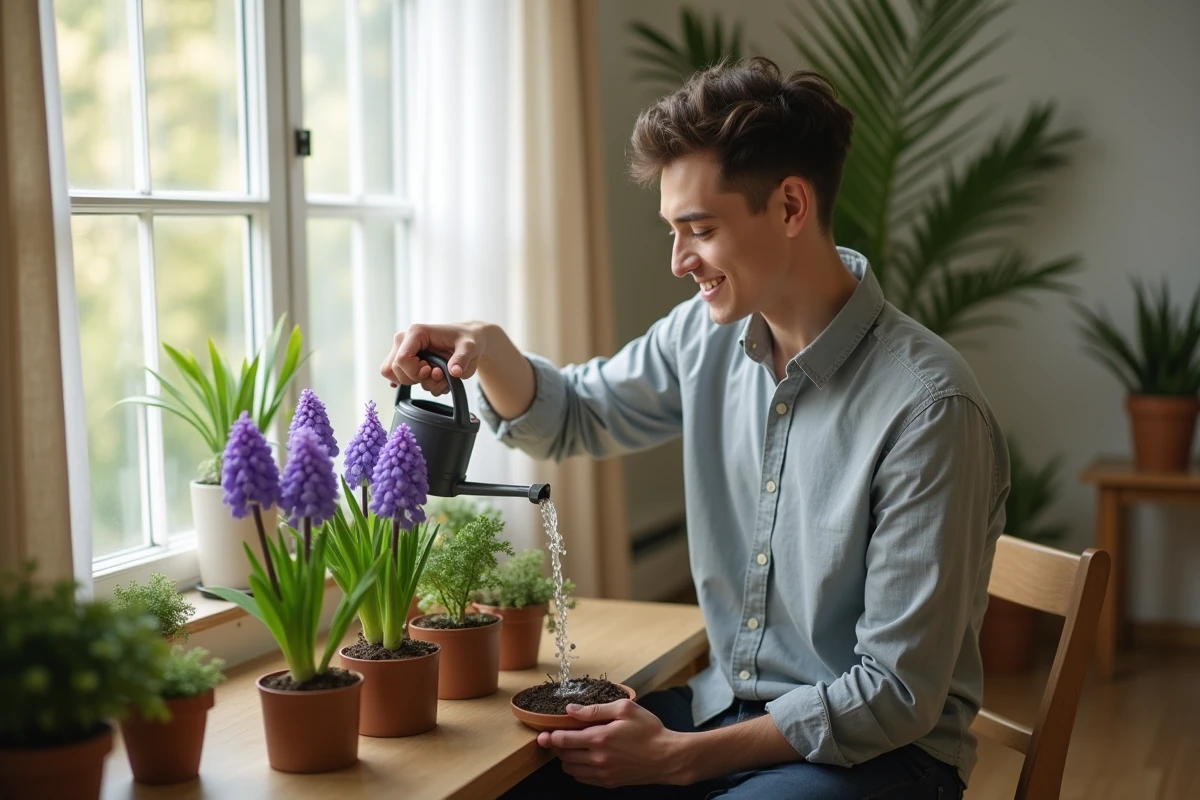 Jeune homme souriant arrosant des hyacinths dans le salon