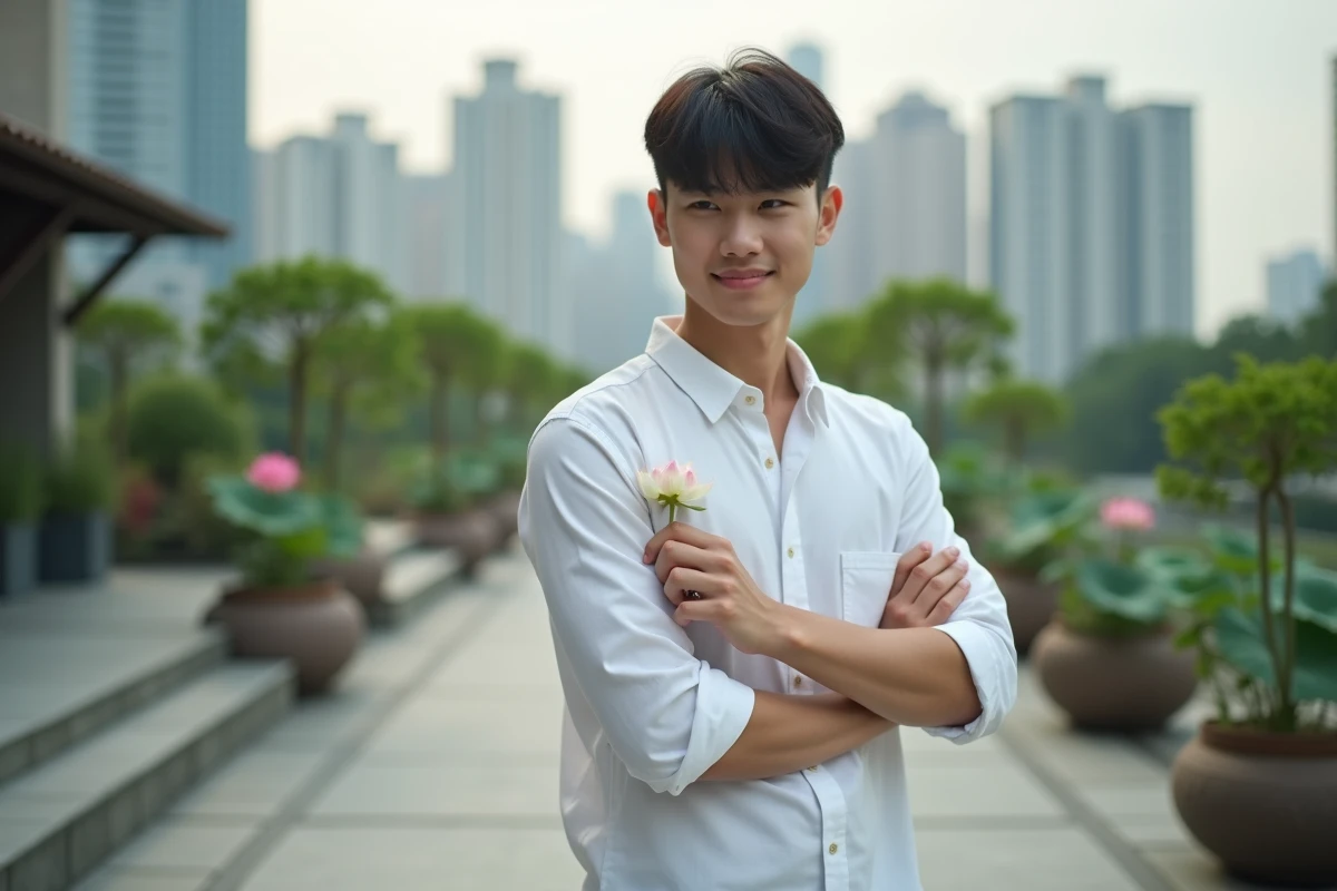 Jeune homme fixant une broche lotus sur sa manche en extérieur