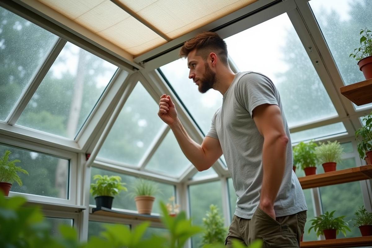 Jeune homme fixant un store dans une serre de jardin