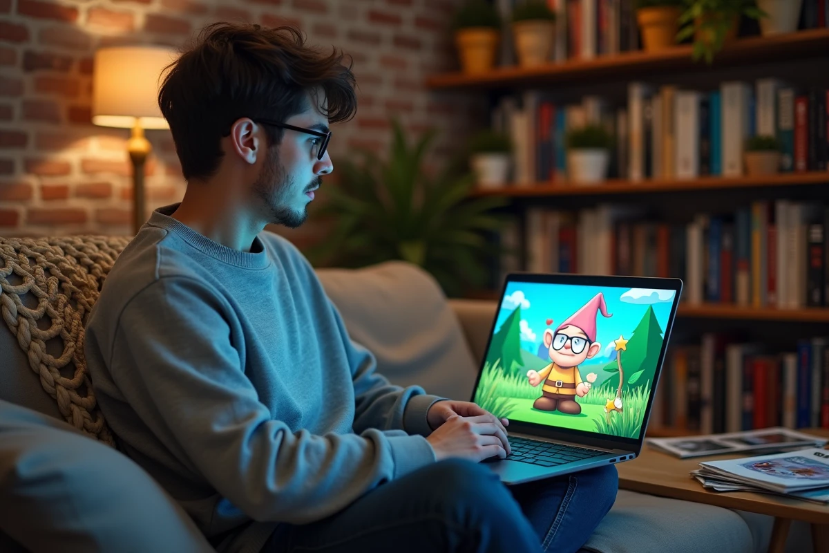 Jeune homme concentré sur un jeu de nain de jardin sur ordinateur portable dans son appartement