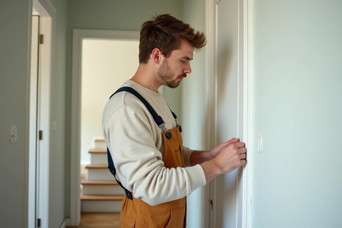 Jeune homme préparant une porte avec du ruban de masquage