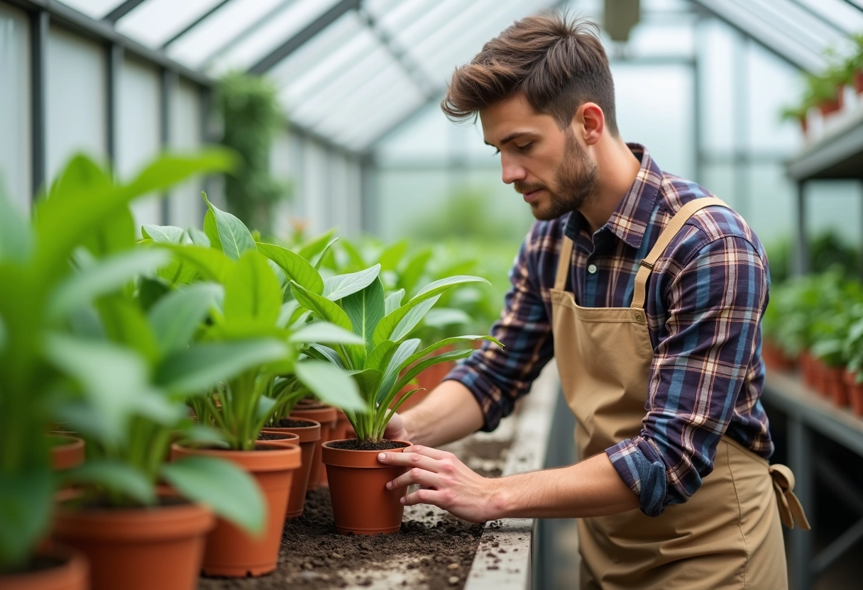 Jeune homme plantant des Geraldton Wax dans une serre lumineuse