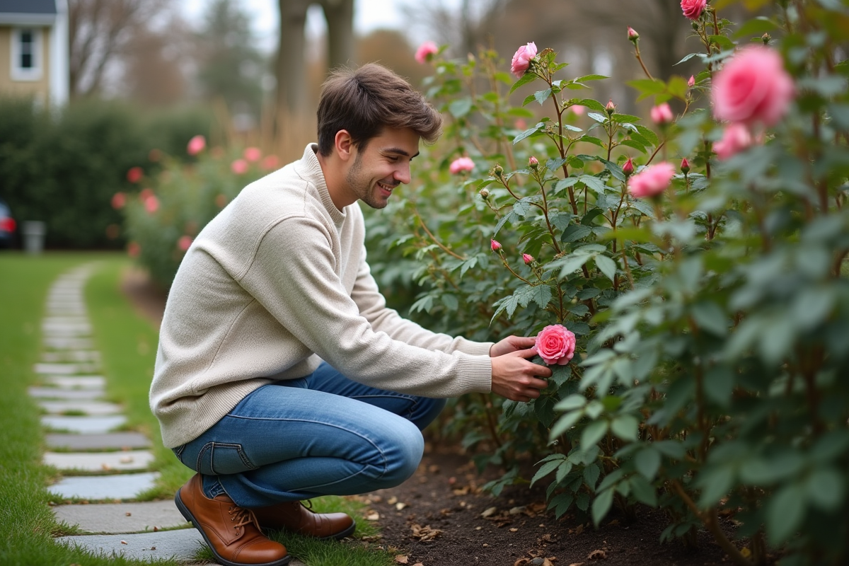 Jeune homme en jardin pinçant des fleurs fanées dans un jardin