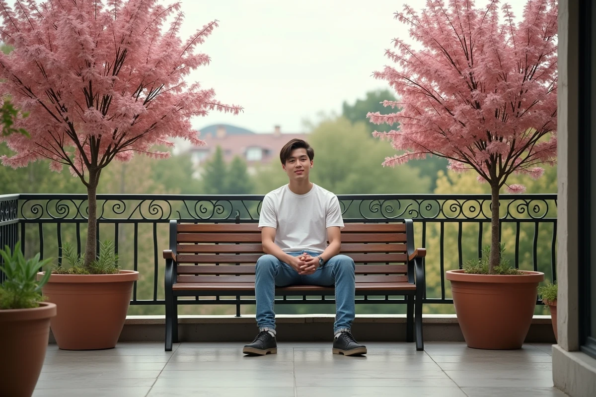 Jeune homme assis sur un banc avec des pots de plantes roses