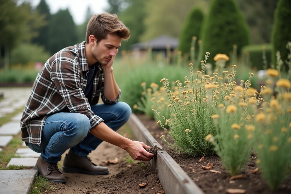 Jeune homme examinant du thym sec dans le jardin