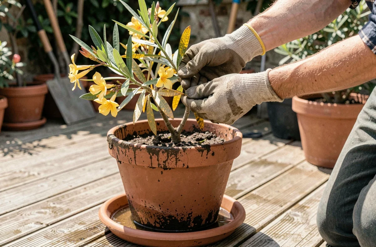 Jardinier inspectant un laurier rose en pot aux feuilles jaunes avec sol détrempé et soucoupe pleine d'eau, excès d'arrosage