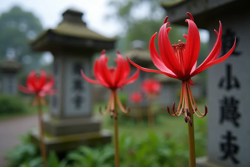 Fleurs de lycoris radiata rouge sang poussant devant des pierres tombales japonaises en automne
