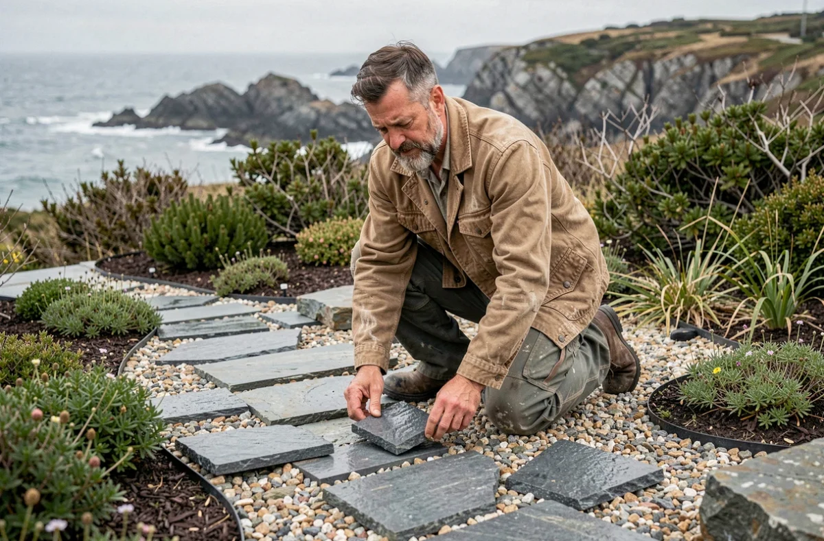 Stéphane Mahé posant des dalles en granite dans un jardin côtier des Côtes-d'Armor