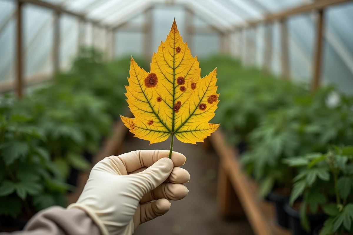 Main gantée tenant une feuille de tomate atteinte de mildiou