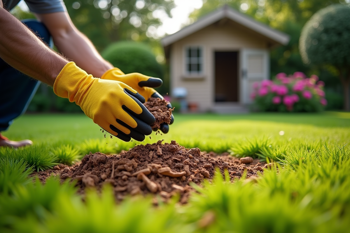 Main en gants étalant du mulch sur la pelouse verte