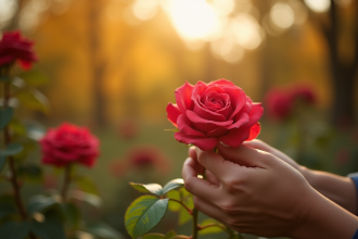 Mains délicates cueillant une rose en automne dans un jardin ensoleillé