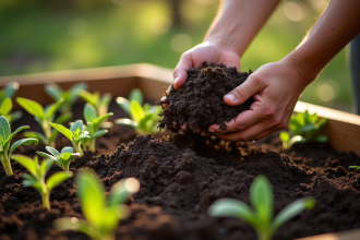 Mains de jardinier mélangeant compost et terre dans un jardin