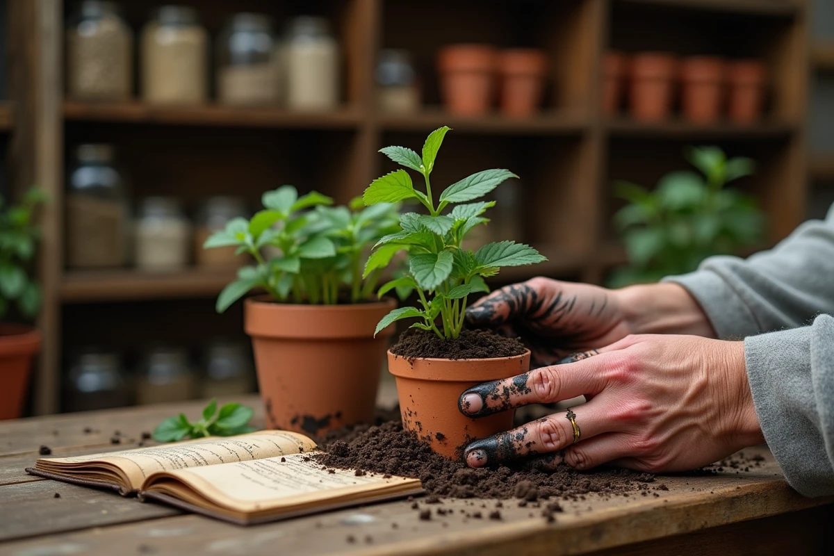 Mains expérimentées rempotant une herbe aromatique dans un pot en terre cuite sur un établi de cabane de jardin