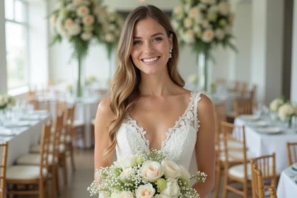 Mariée souriante en robe blanche avec bouquet pastel