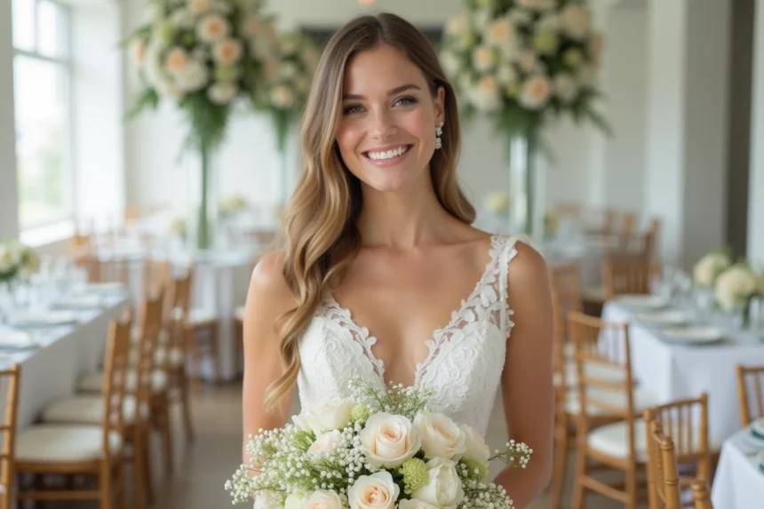 Mariée souriante en robe blanche avec bouquet pastel